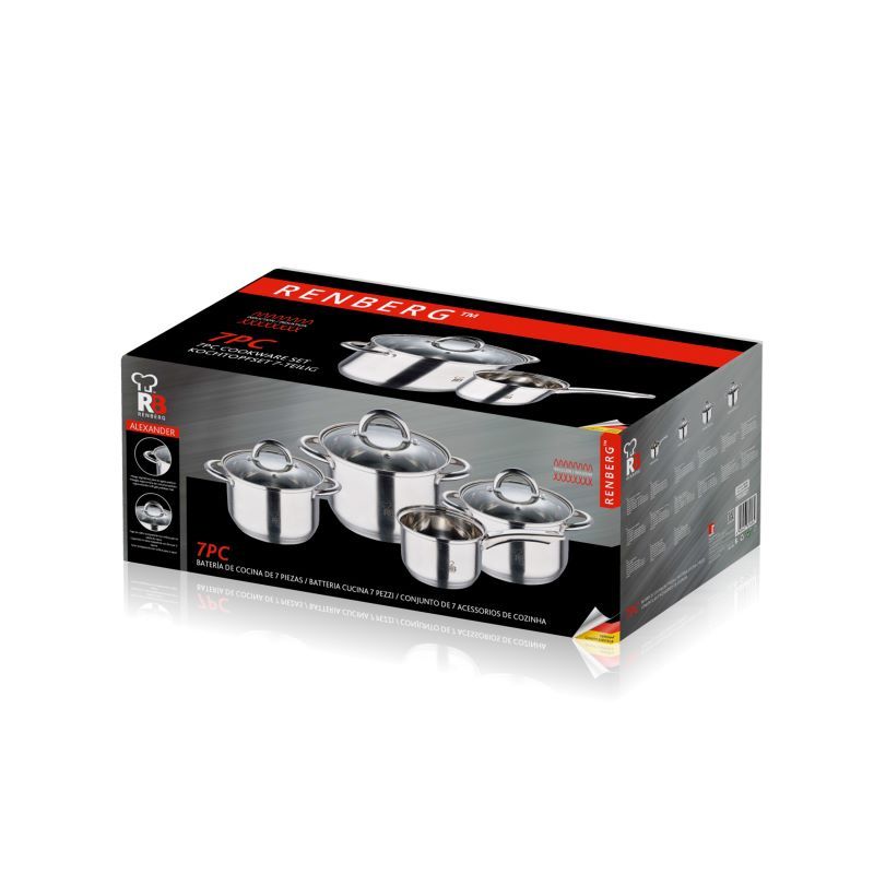 Renberg Alexander Cookware Set 7 Pieces Stainless Steel Induction Compatible 4 Cooking Pots + 3 Glass Lids - Afanaya